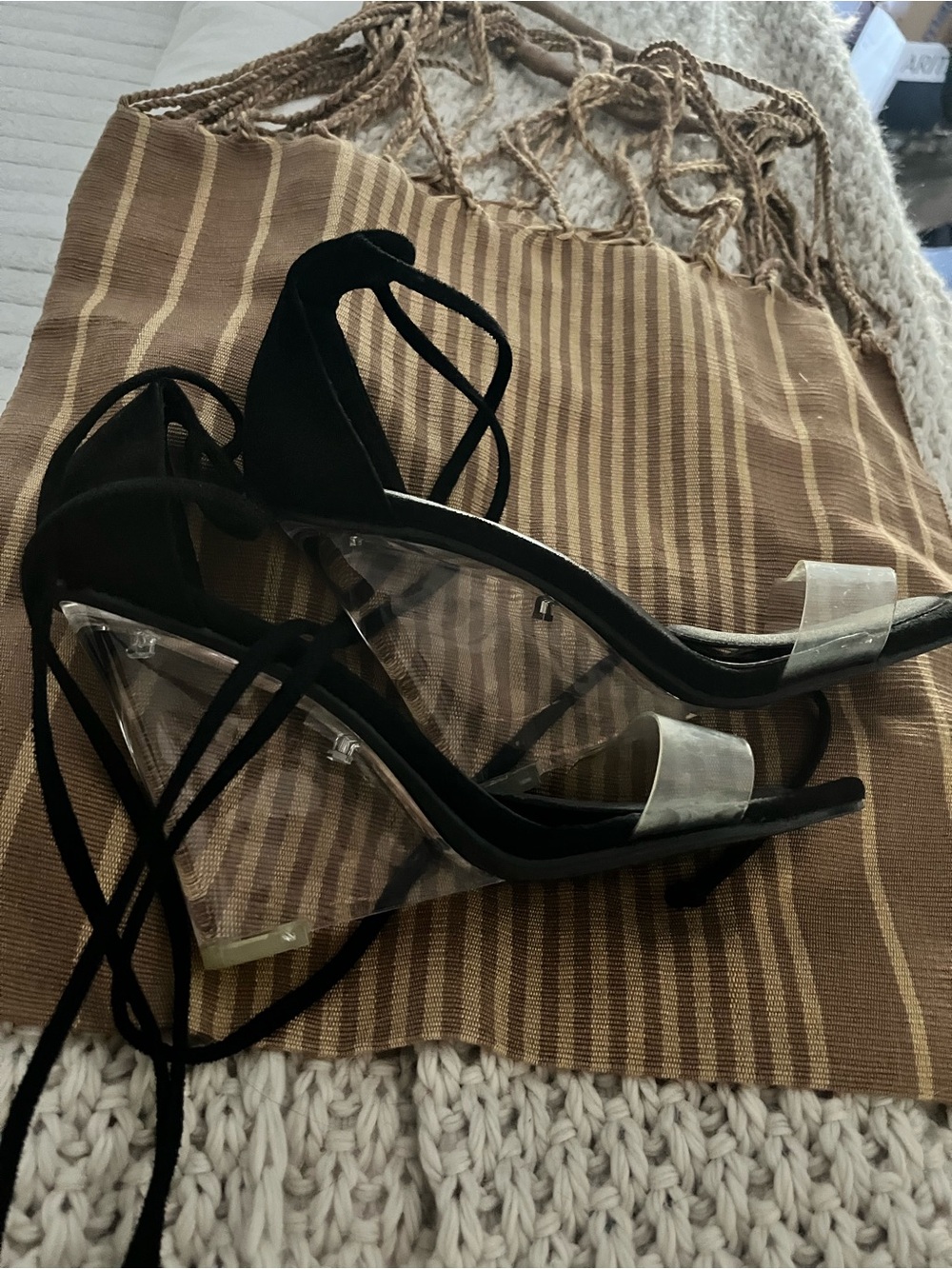 Fashion Nova Magnetic Clear Lucite Wedge Ankle Wrap Heels Black Size 8